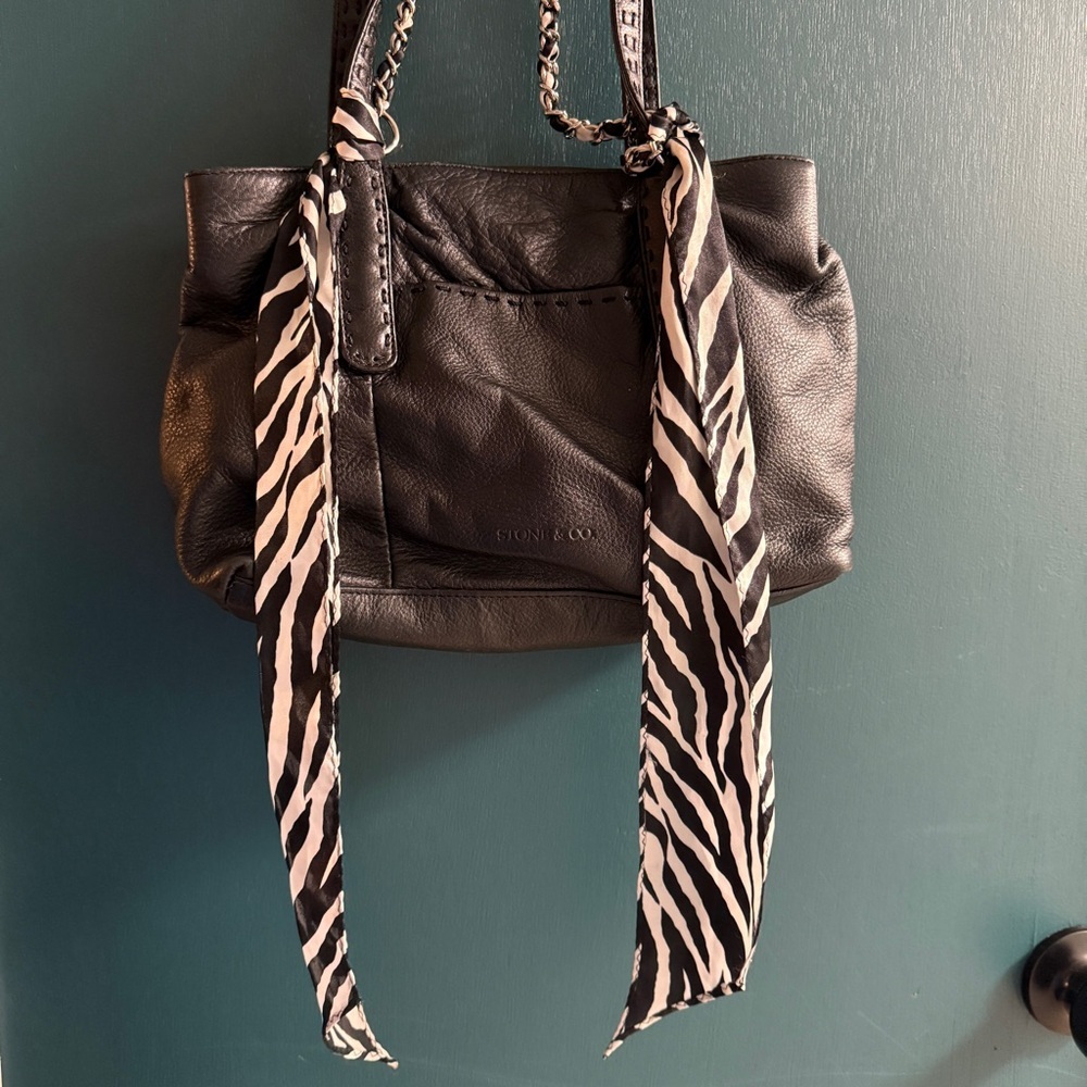 vintage stone & co black leather shoulder bag with zebra scarf - Picture 3 of 10